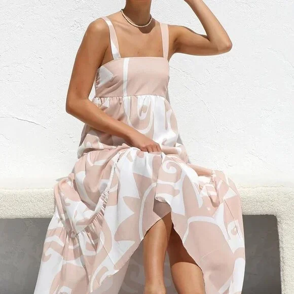 Women's Flowy Maxi Sundress Sleeveless Abstract Print Beach Vacation Wear - Picture 5 of 9